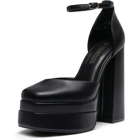 Dream Pairs Shoes - Dream Pairs Womens Black Faux Leather Closed Toe Chunky High Heels Platform
